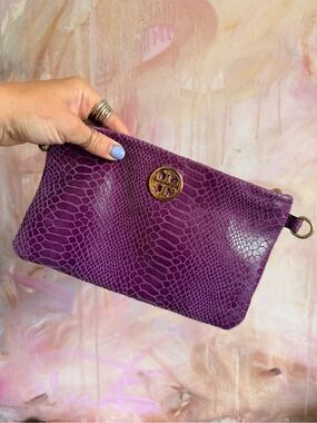 Tory Burch Plum Snake-Embossed Leather Wristlet with Gold Logo